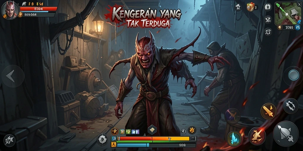 Screenshot gameplay dari 8364 menampilkan suasana horror yang mencekam.