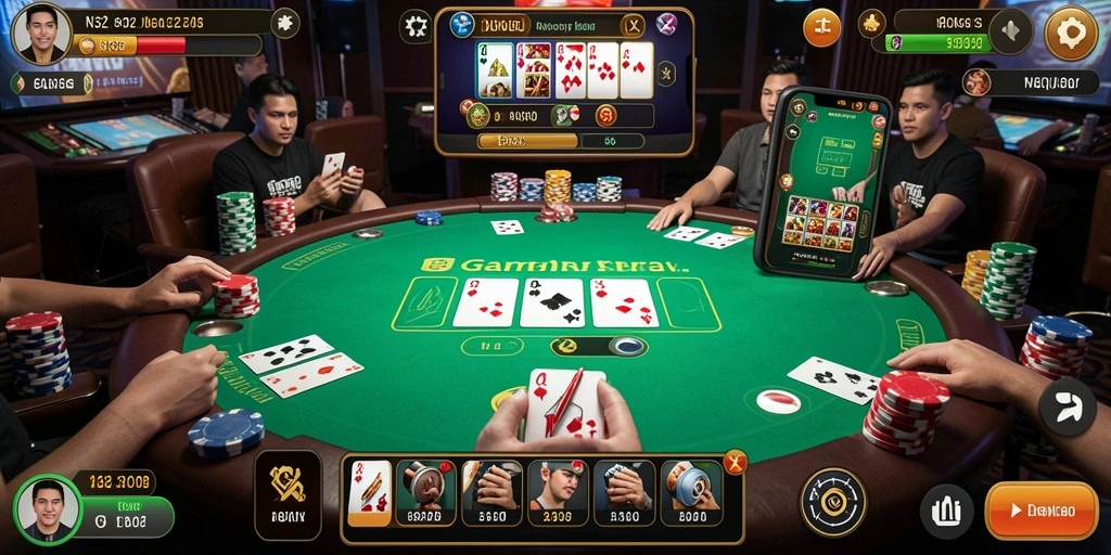 Gameplay N32 dengan tampilan kartu dan papan poker yang realistis.