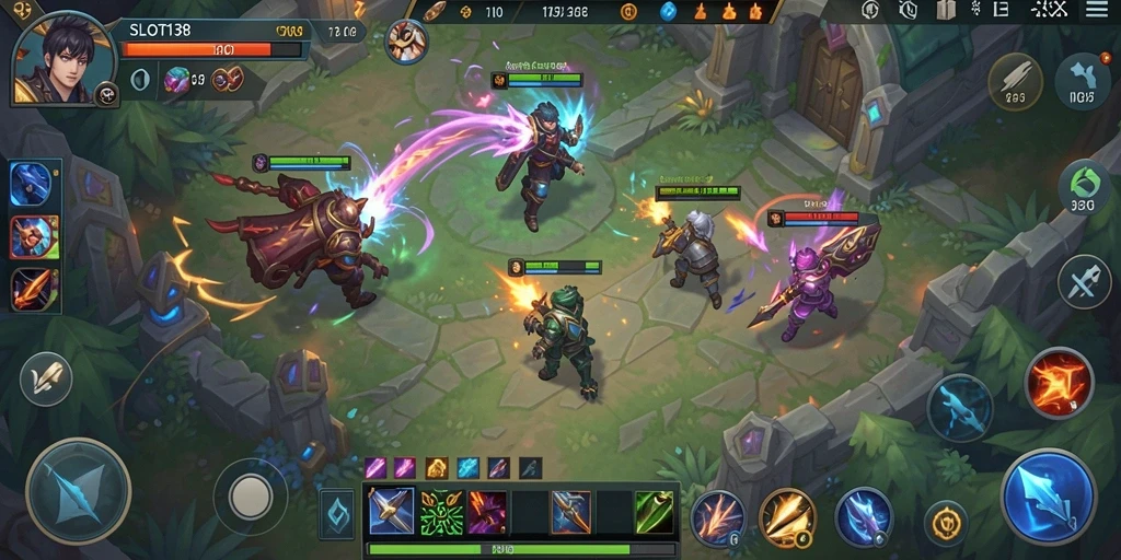Screenshot utama SLOT138 menampilkan karakter bertarung dalam arena MOBA.